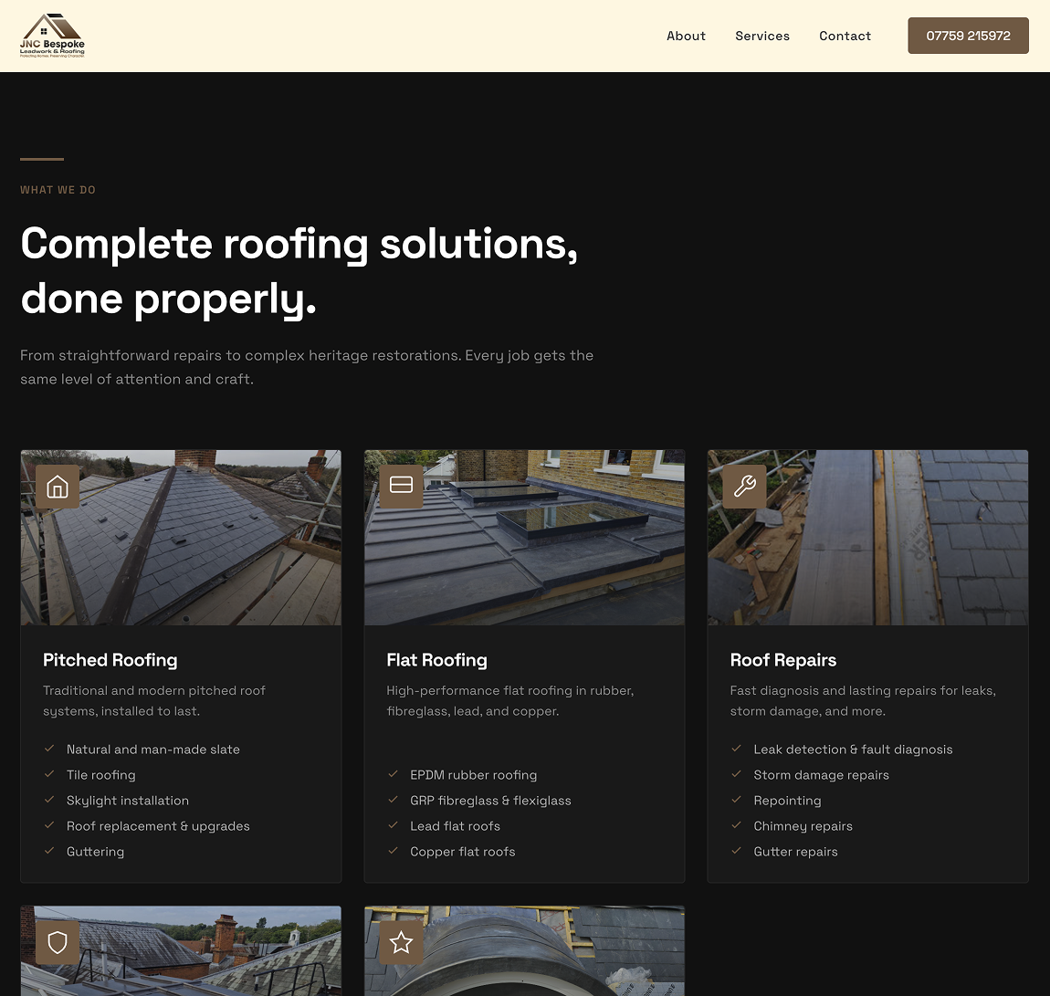JNC Bespoke Roofing website homepage